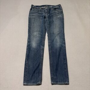 Seven7 Womens Straight Leg Jeans Size 8 Medium Wash Contrast Stitch Rhinestone